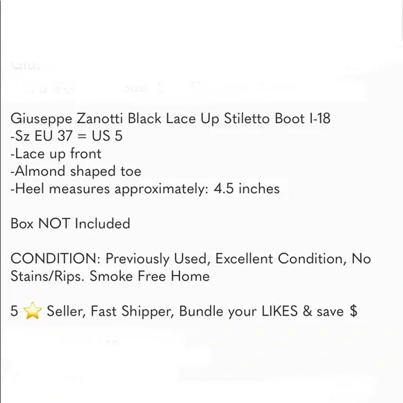 Euc Giuseppe Zanotti Black Lace Up Stiletto Boot I-18 - Picture 5 of 16
